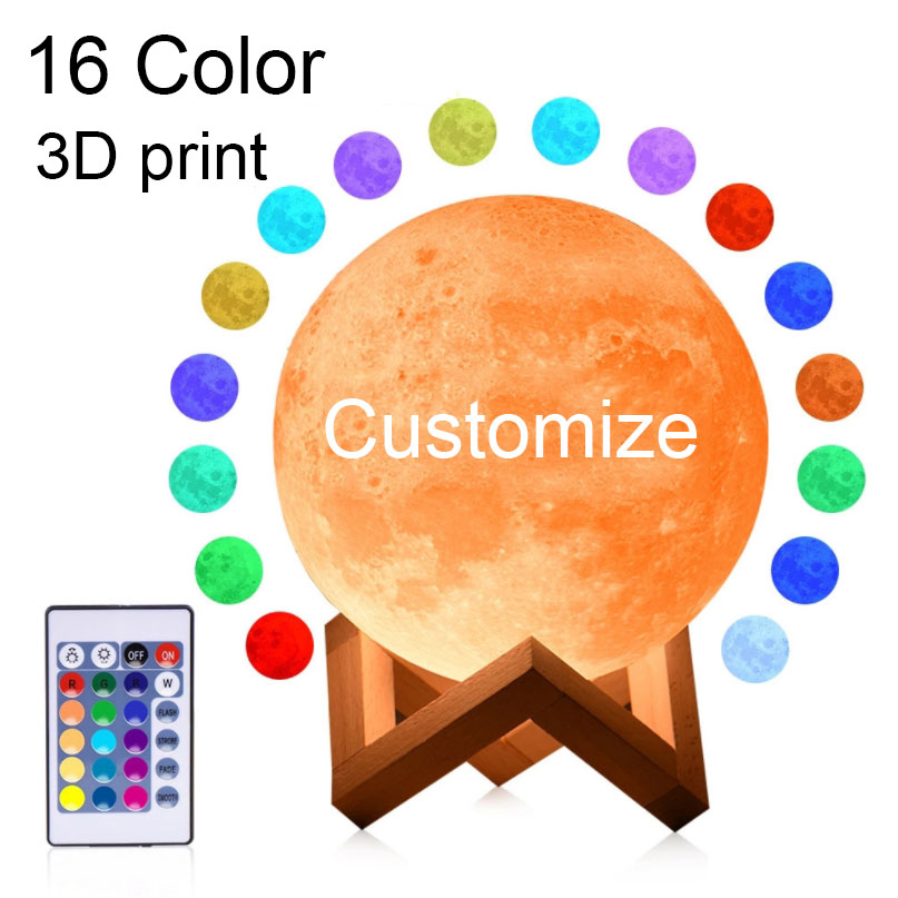 3D-printed moon lamp with 16 color options and remote control on a white background