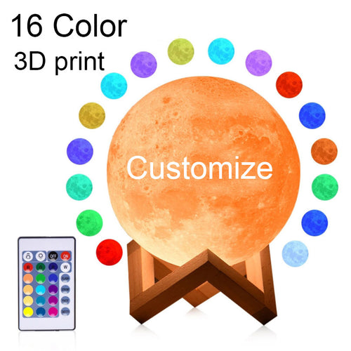 3D-printed moon lamp with 16 color options and remote control on a white background