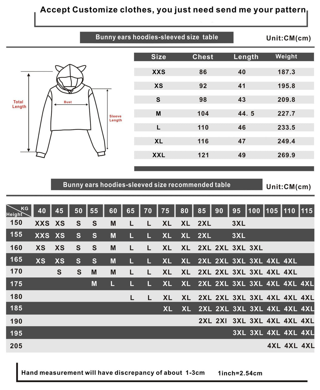 “Size chart for women’s bunny ear hoodie showing garment measurements, hoodie size, length and weight (e.g. 0.187 kg), and recommended size as per wearer height (cm) and weight (kg).”
