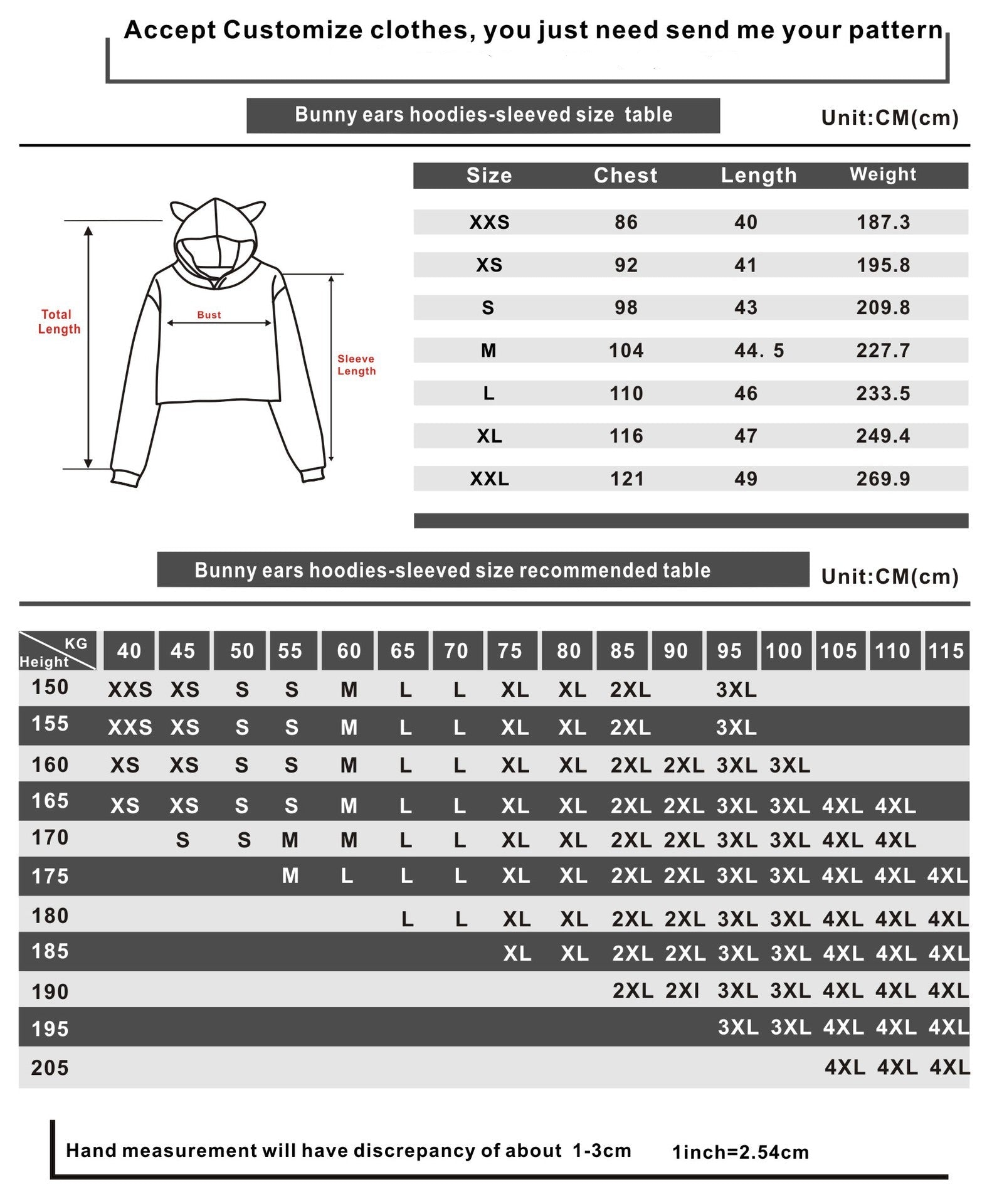 “Size chart for women’s bunny ear hoodie showing garment measurements, hoodie size, length and weight (e.g. 0.187 kg), and recommended size as per wearer height (cm) and weight (kg).”